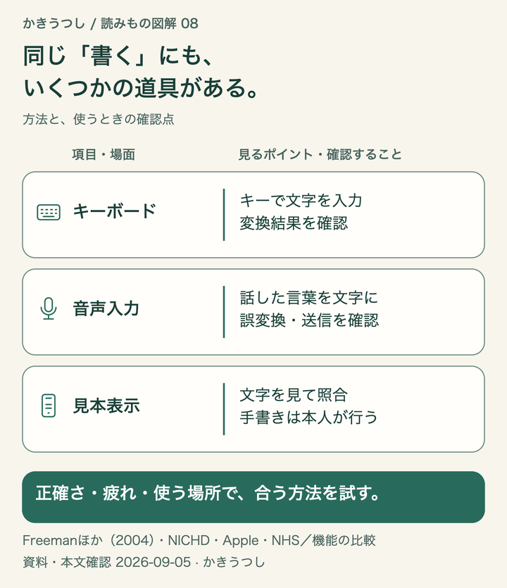 同じ「書く」にも、いくつかの道具がある。正確さ・疲れ・使う場所で、合う方法を試す。
